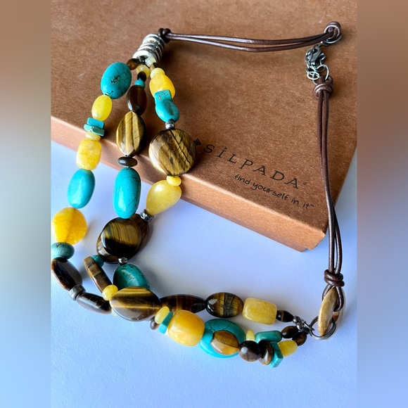 Retired Silpada Sterling Silver, Turquoise, & Tiger's Eye Beaded Layer Necklace - Picture 1 of 5
